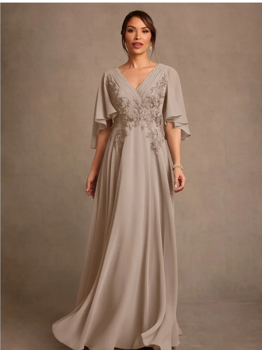 Azazie Taupe Embroidered V-Neck Maxi Dress - size 14 but fits like a 12!